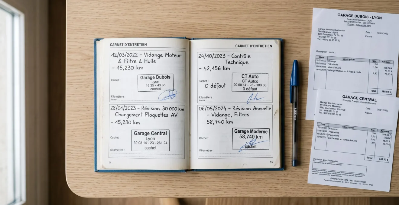 Carnet d'entretien automobile ouvert montrant des annotations manuscrites et tampons de garage professionnels, accompagné de factures de révision sur un bureau