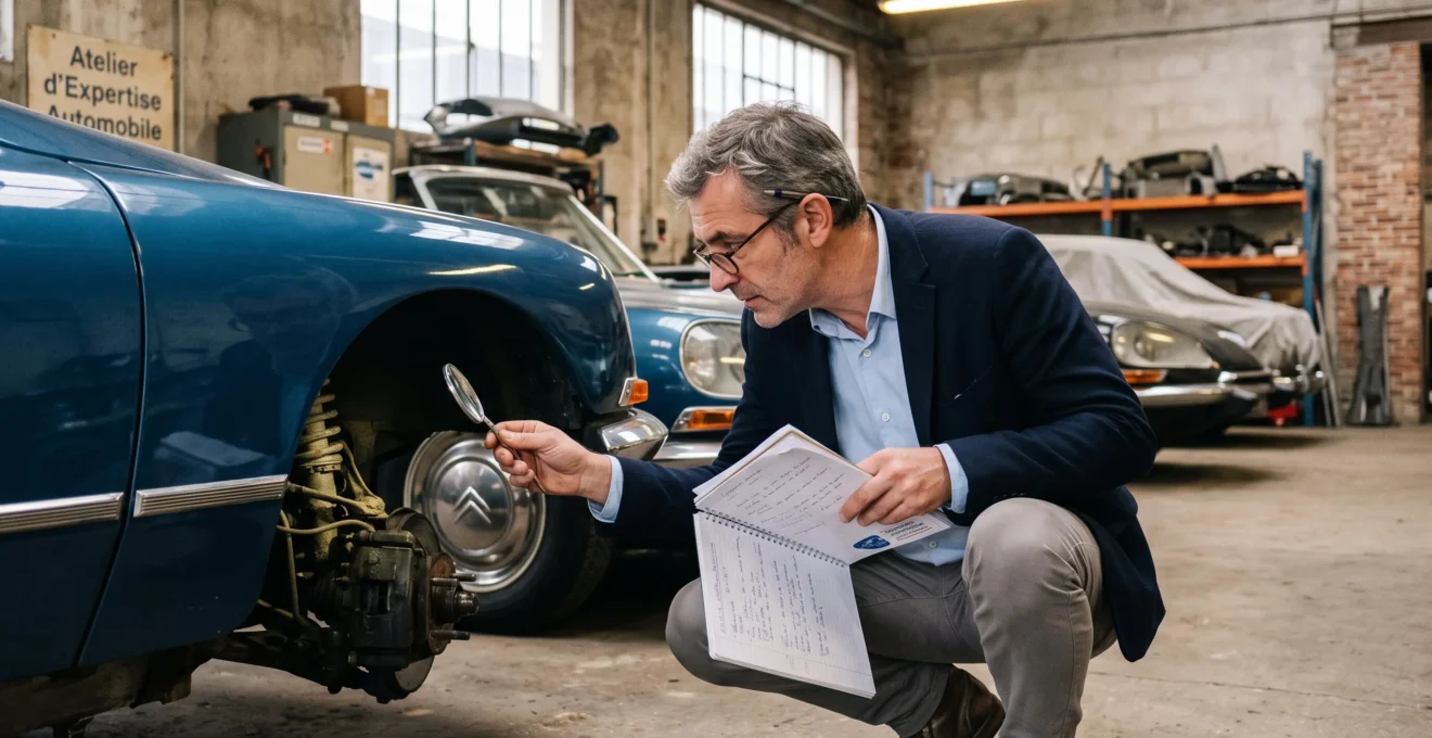Expert automobile professionnel inspectant minutieusement un élément technique d'un véhicule de collection lors d'une expertise, tablette d'évaluation à la main