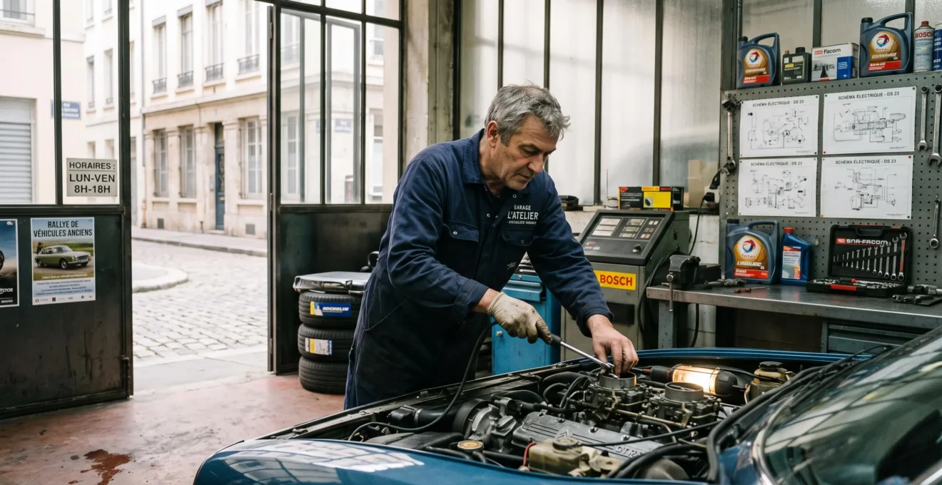 Mécanicien professionnel examinant attentivement le moteur ouvert d'une voiture de collection des années 1970 dans un garage spécialisé en véhicules anciens, outils professionnels visibles sur l'établi