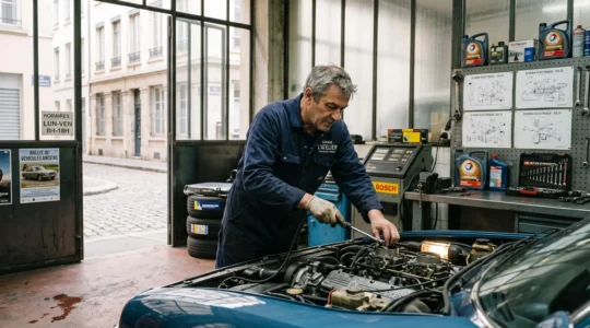 Mécanicien professionnel examinant attentivement le moteur ouvert d'une voiture de collection des années 1970 dans un garage spécialisé en véhicules anciens, outils professionnels visibles sur l'établi