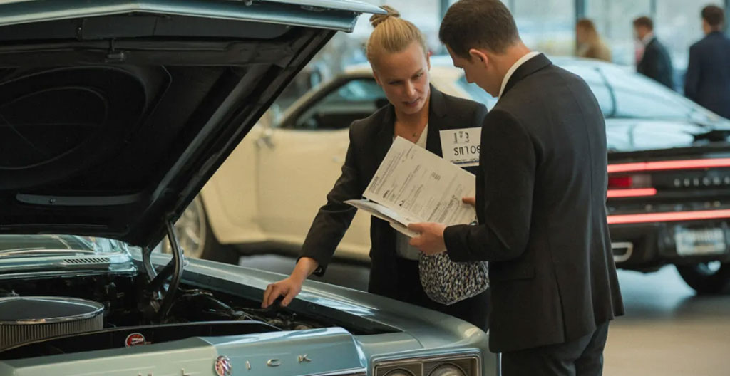 Carnet d'entretien automobile ouvert montrant des annotations manuscrites et tampons de garage professionnels, accompagné de factures de révision sur un bureau